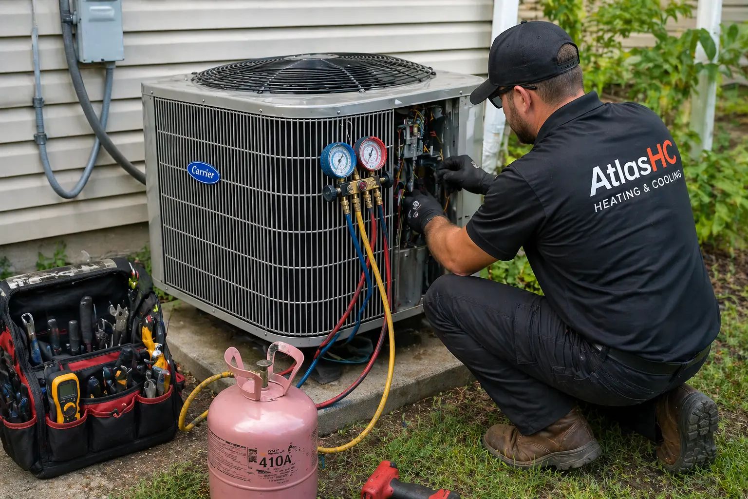 AtlasHC technician repairing an AC unit in River Heights